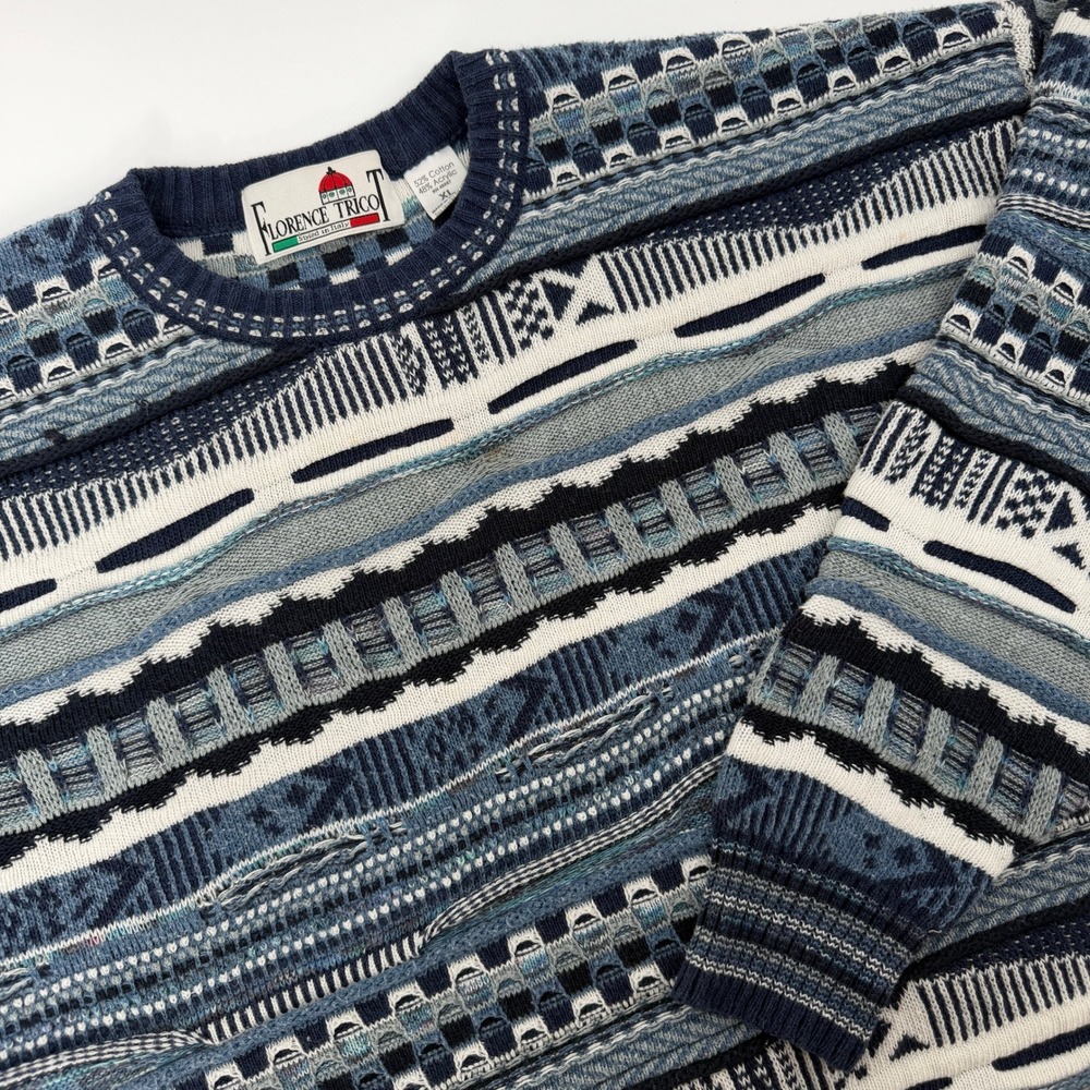 Vintage Florence Tricot 3D Knit Sweater Mens XL Blue Textured Coogi Style Italy